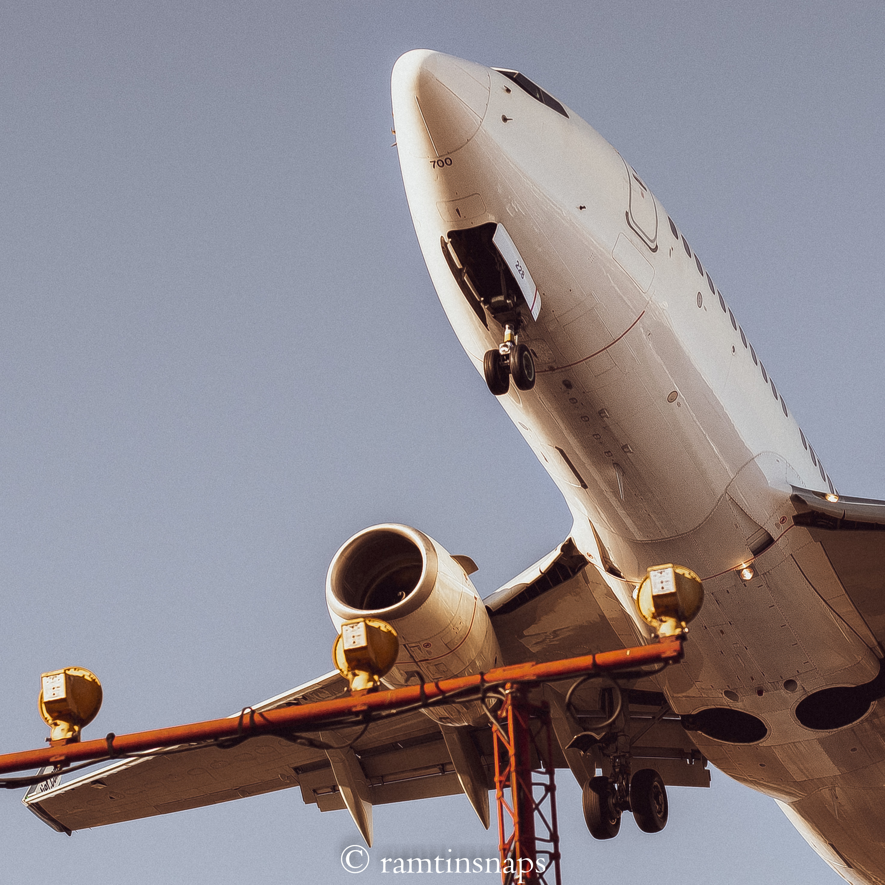 a plane landing just above the runway lights